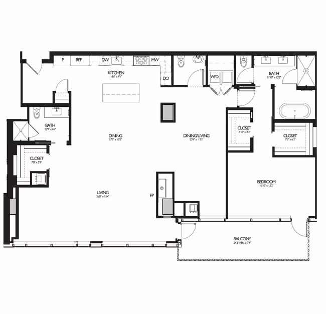 1 Bed 2.5 Bath 3825 floor plan